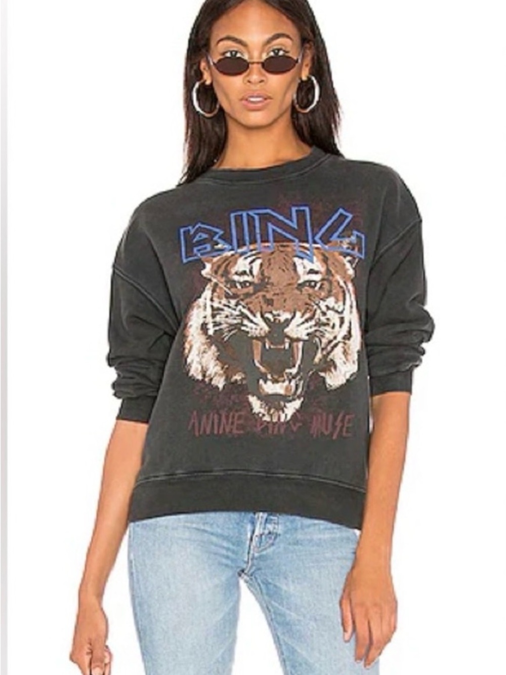 Anine Bing Black Stonewashed Tiger Graphic Sweatshirt